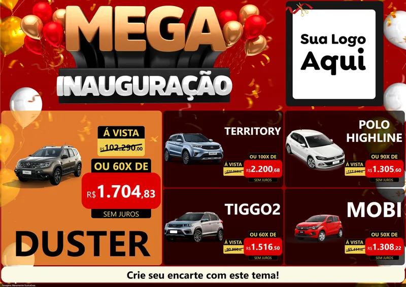 Modelo de Encarte para Encarte A4 Horizontal com o tema Mega Inauguração para Concessionaria de Carros