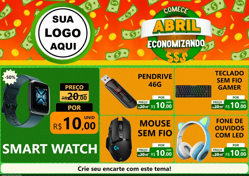 Modelo de Encarte para Encarte A4 Horizontal com o tema Comece Abril Economizando para Informática