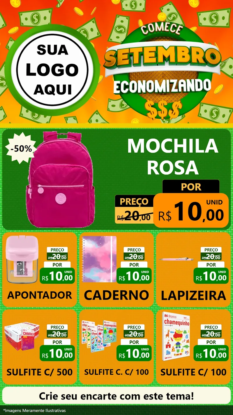Modelo de Rede Social para Stories com o tema Comece Setembro Economizando para Papelaria