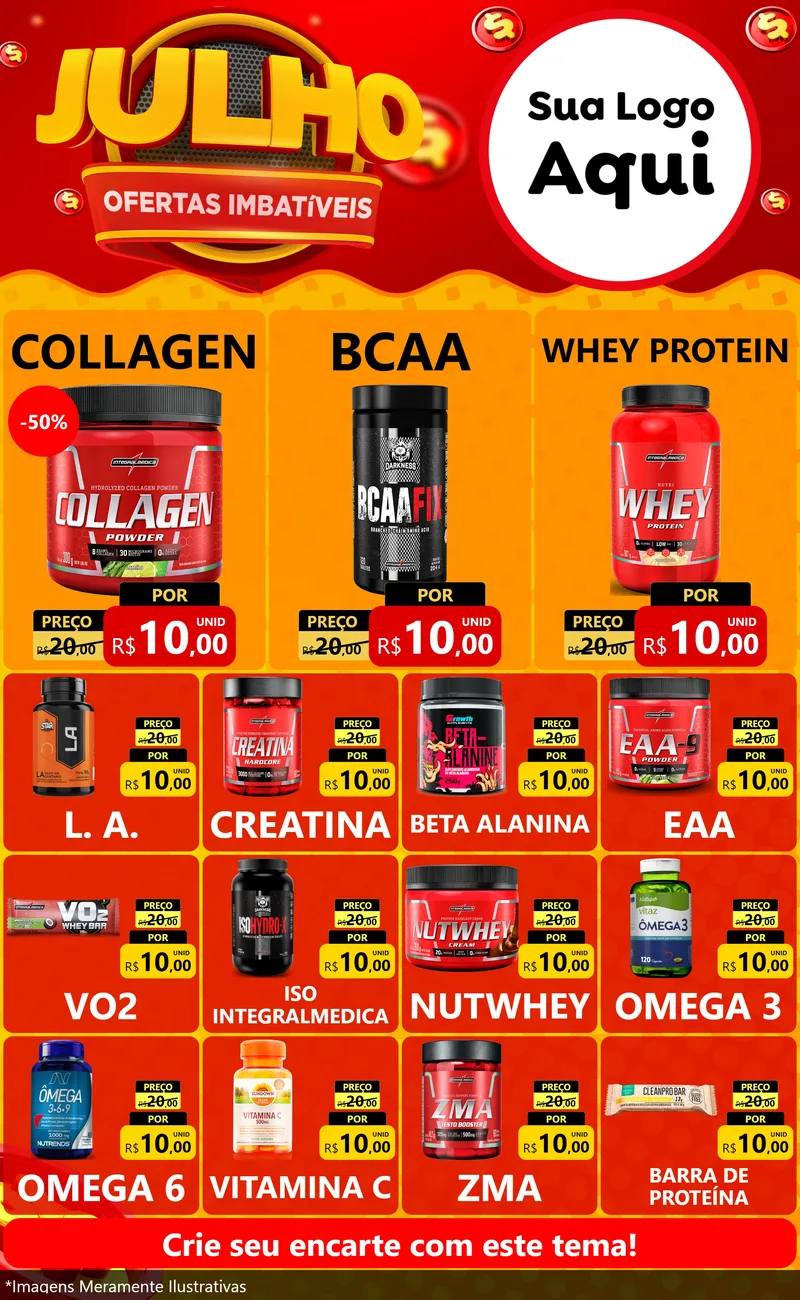 Modelo de Encarte para Encarte Grande com o tema Julho Ofertas Imbatíveis para Suplementos alimentares
