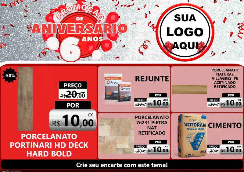 Modelo de Encarte para Encarte A4 Horizontal com o tema Promoção de Aniversário - 6 Anos para Pisos e revestimentos