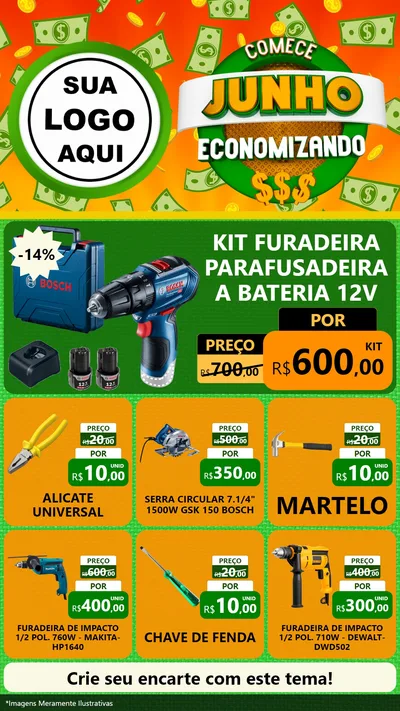 Modelo de Rede Social para Stories com o tema Comece Junho Economizando para Maquinas e Ferramentas