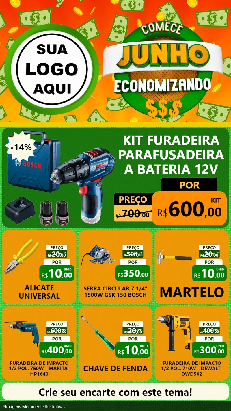 Modelo de Rede Social para Stories com o tema Comece Junho Economizando para Maquinas e Ferramentas