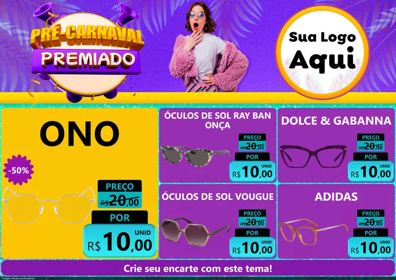 Modelo de Encarte para Encarte A4 Horizontal com o tema Pré-Carnaval Premiado para Óticas