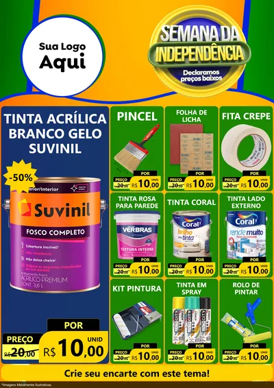 Modelo de Encarte para Encarte A4 Vertical com o tema Semana da Independência Declaramos Preços Baixos para Tintas e Ferramentas