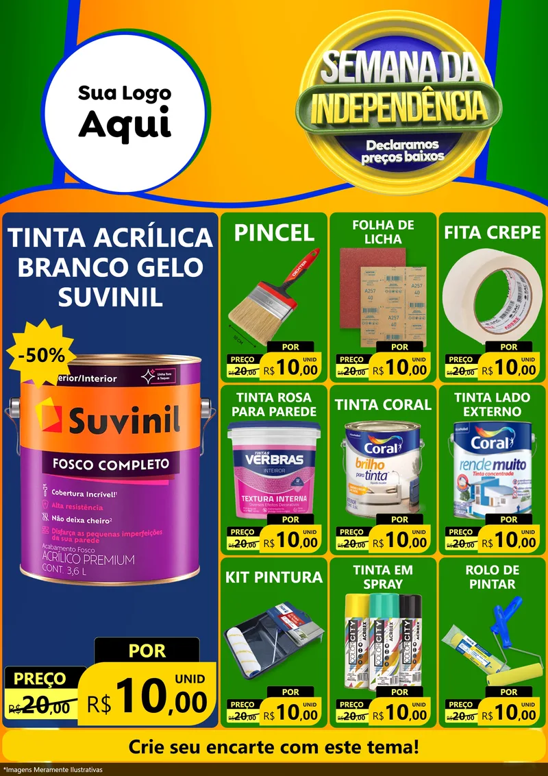 Modelo de Encarte para Encarte A4 Vertical com o tema Semana da Independência Declaramos Preços Baixos para Tintas e Ferramentas