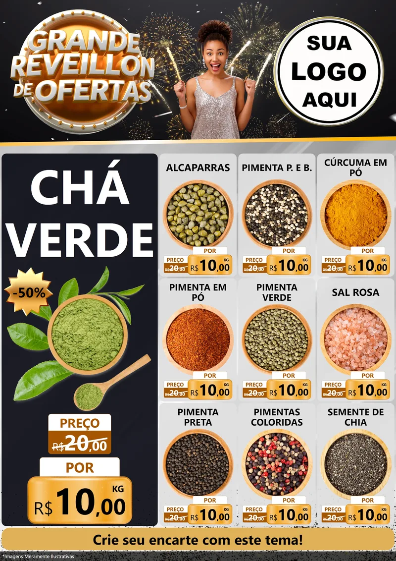 Modelo de Encarte para Encarte A4 Vertical com o tema Grande Réveillon de Ofertas para Produtos Naturais