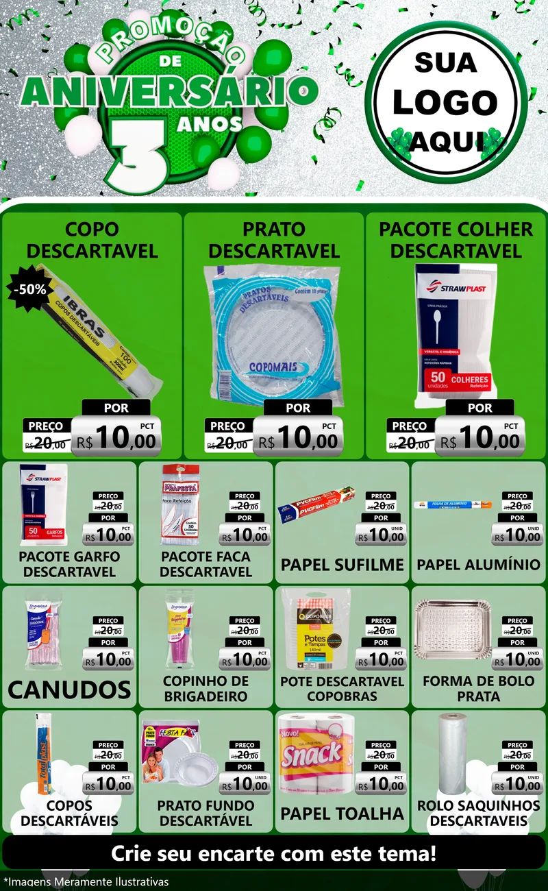 Modelo de Encarte para Encarte Grande com o tema Promoção de Aniversário - 3 Anos para Embalagens
