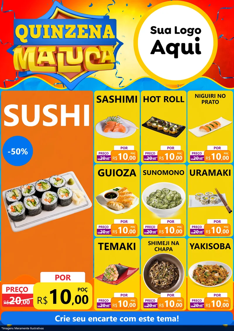 Modelo de Encarte para Encarte A4 Vertical com o tema Quinzena Maluca para Comida japonesa