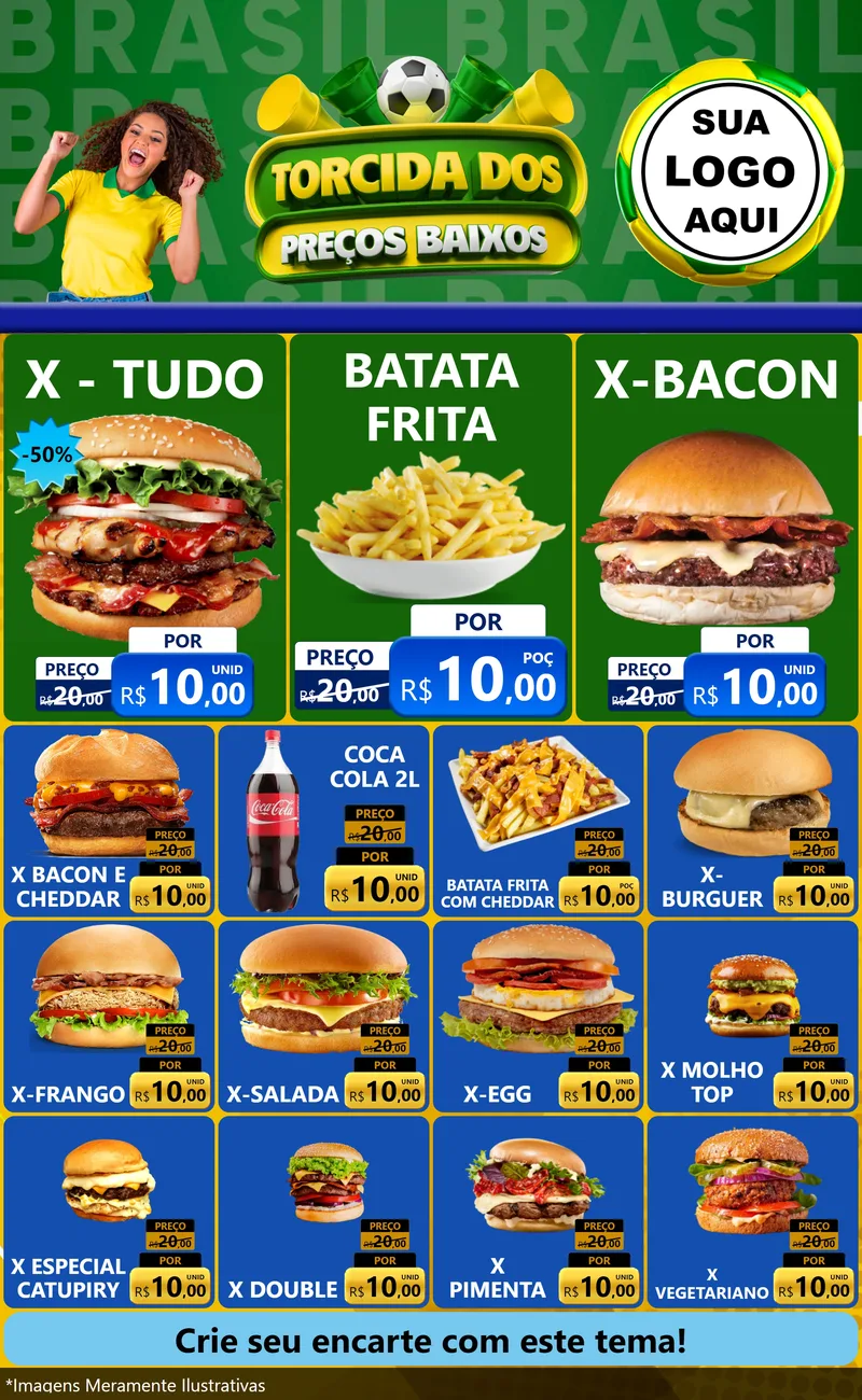 Modelo de Encarte para Encarte Grande com o tema Torcida dos Preços Baixos para Hamburgueria