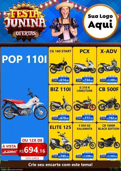 Modelo de Encarte para Encarte A4 Vertical com o tema Festa Junina Ofertas para Concessionaria de Motos