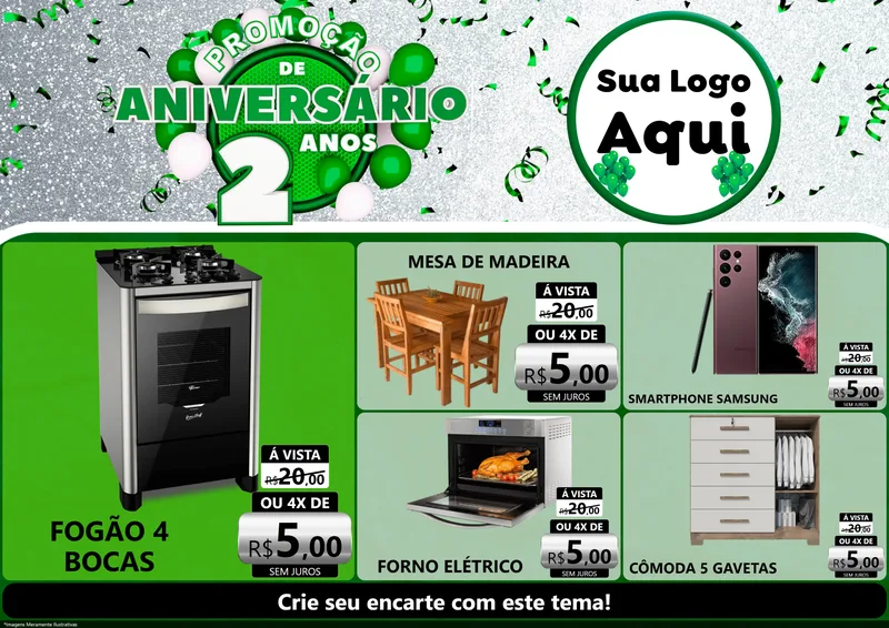 Modelo de Encarte para Encarte A4 Horizontal com o tema Promoção de Aniversário - 2 Anos para Móveis e Eletro