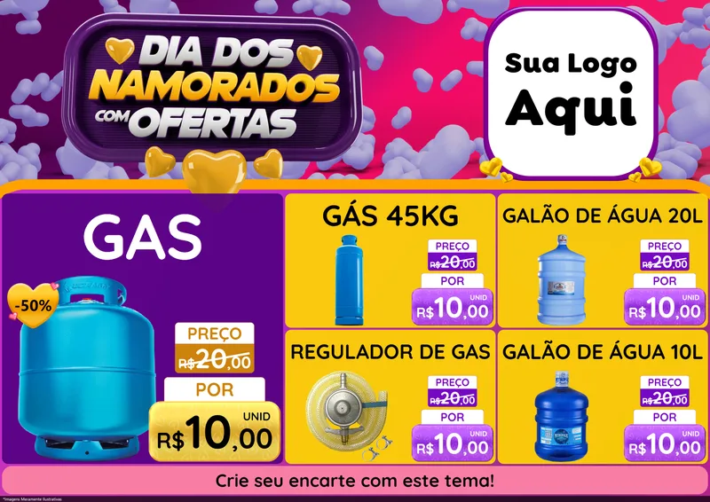 Modelo de Encarte para Encarte A4 Horizontal com o tema Dia Dos Namorados Com Ofertas para Água e gás