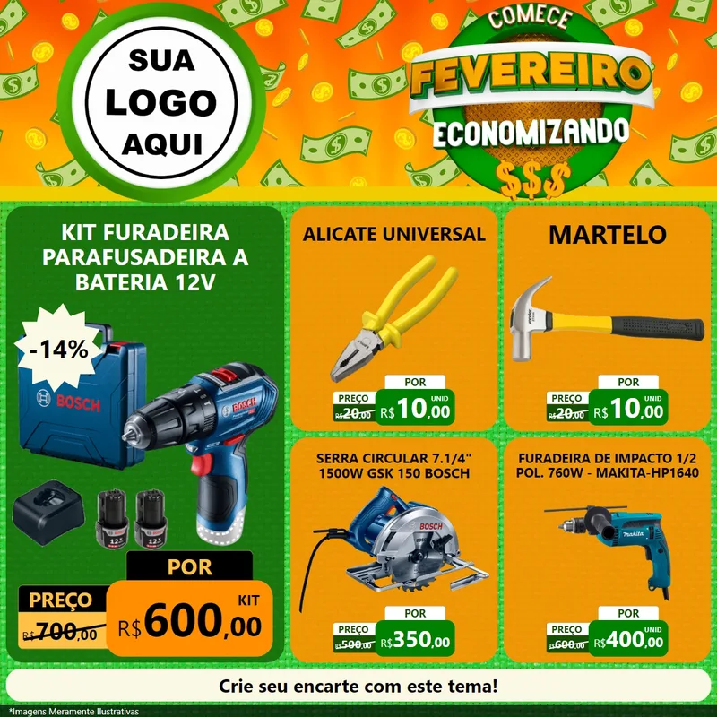 Modelo de Rede Social para Feed Facebook com o tema Comece Fevereiro Economizando para Maquinas e Ferramentas