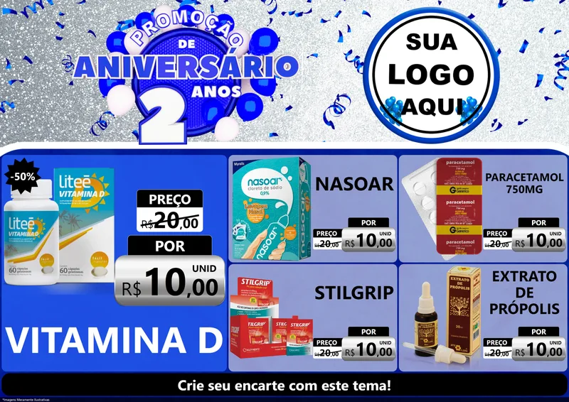 Modelo de Encarte para Encarte A4 Horizontal com o tema Promoção de Aniversário - 2 Anos para Farmácia
