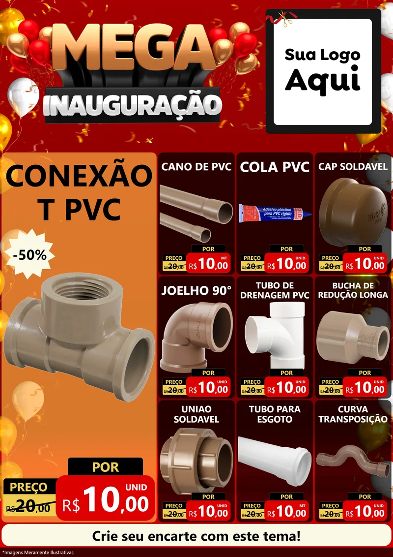 Modelo de Encarte para Encarte A4 Vertical com o tema Mega Inauguração para Tubos e conexões
