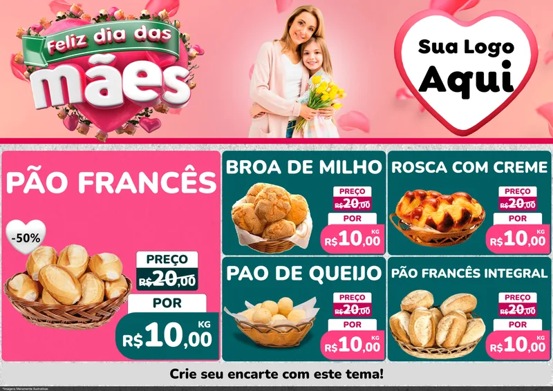 Modelo de Encarte para Encarte A4 Horizontal com o tema Feliz Dia das Mães para Padaria