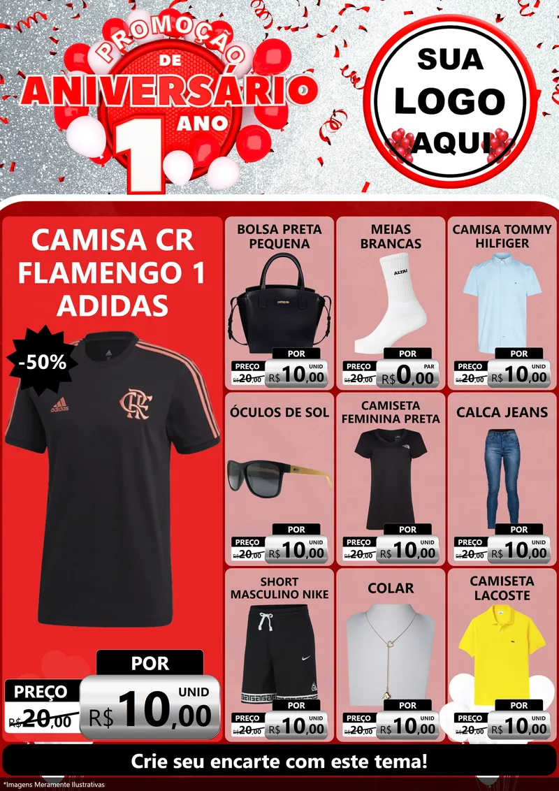 Modelo de Encarte para Encarte A4 Vertical com o tema Promoção de Aniversário - 1 Ano para Roupas e acessórios