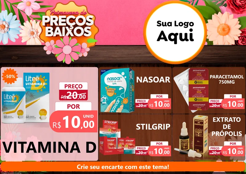 Modelo de Encarte para Encarte A4 Horizontal com o tema Primavera de Preços Baixos para Farmácia