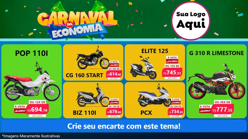 Modelo de TV para TV Horizontal com o tema Carnaval da Economia para Concessionaria de Motos
