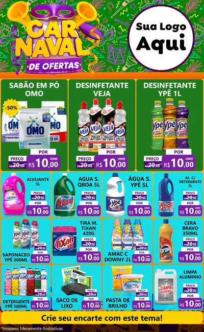 Modelo de Encarte para Encarte Grande com o tema Carnaval de Ofertas para Produtos de Limpeza