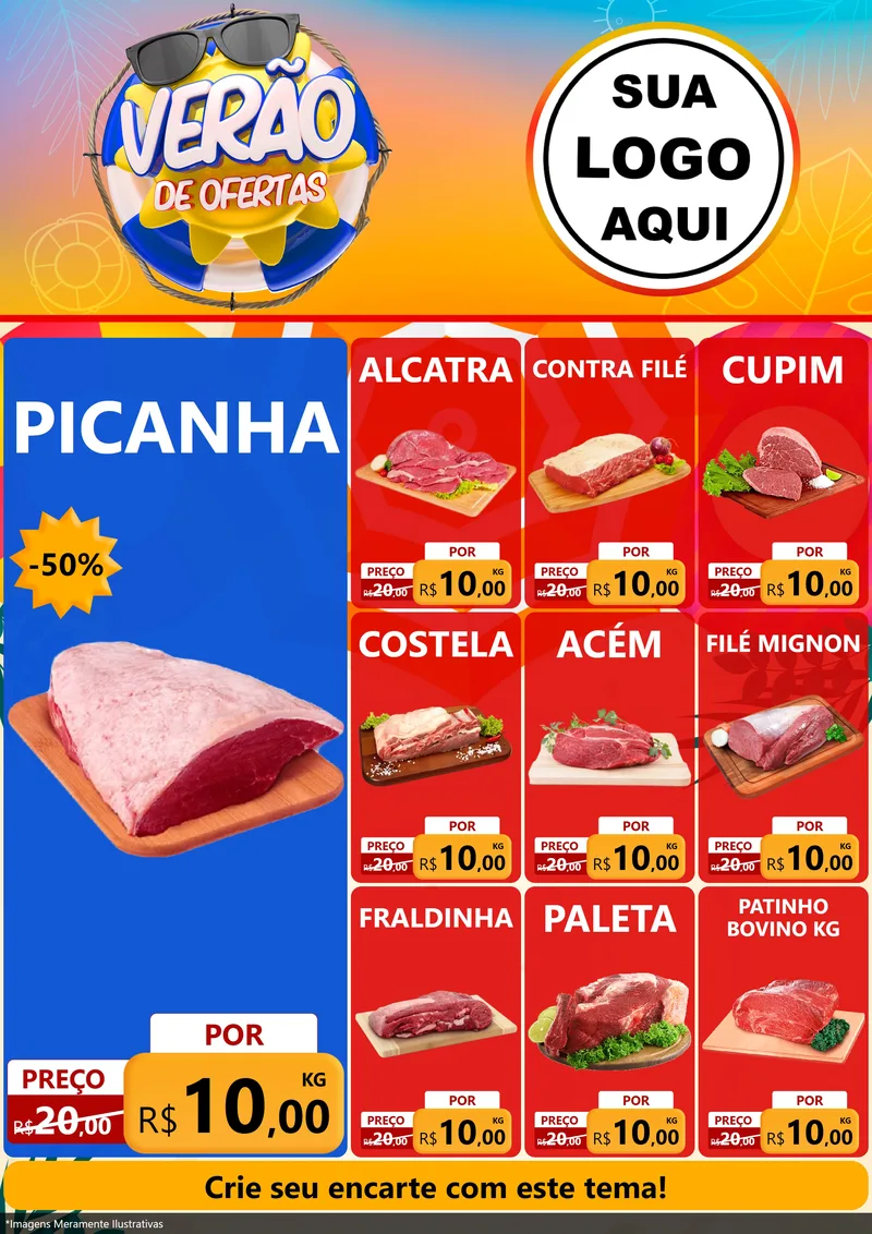 Modelo de Encarte para Encarte A4 Vertical com o tema Verão de Ofertas para Açougue