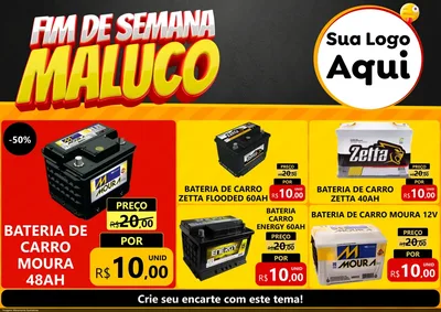 Modelo de Encarte para Encarte A4 Horizontal com o tema Final de Semana Maluco para Baterias Elétricas