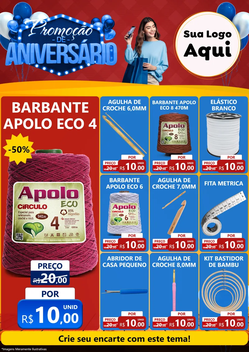 Modelo de Encarte para Encarte A4 Vertical com o tema Promoção de Aniversário para Armarinho e Aviamentos