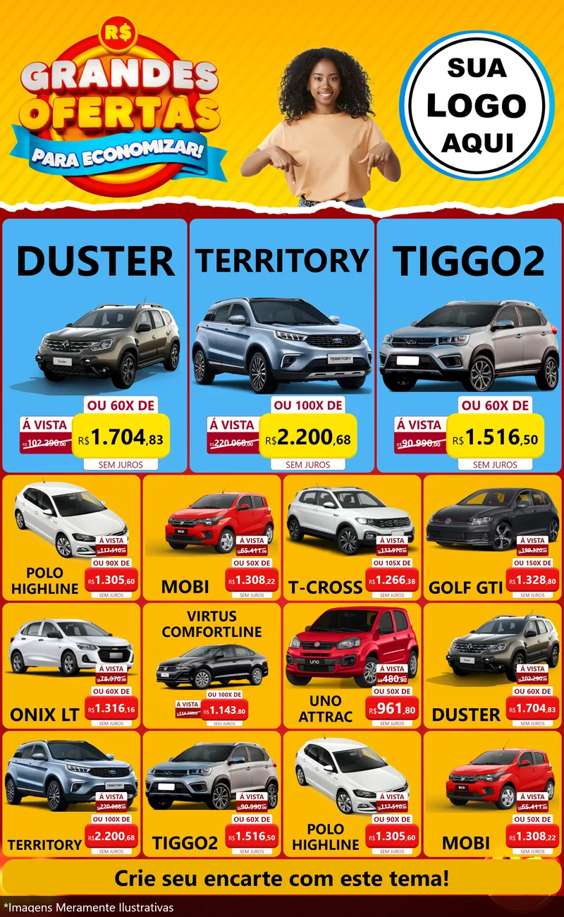 Modelo de Encarte para Encarte Grande com o tema Grandes Ofertas Para Economizar! para Concessionaria de Carros