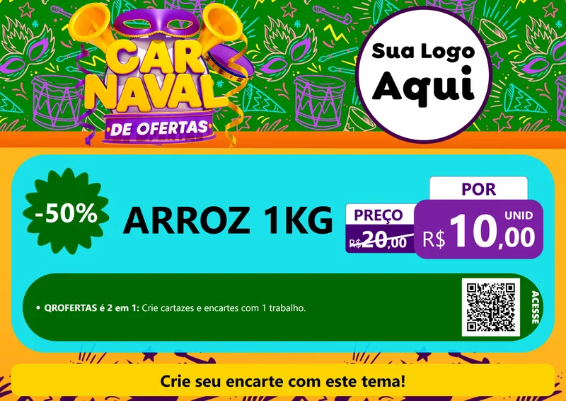 Modelo de Cartaz para Cartaz A4 Horizontal com o tema Carnaval de Ofertas para Supermercado