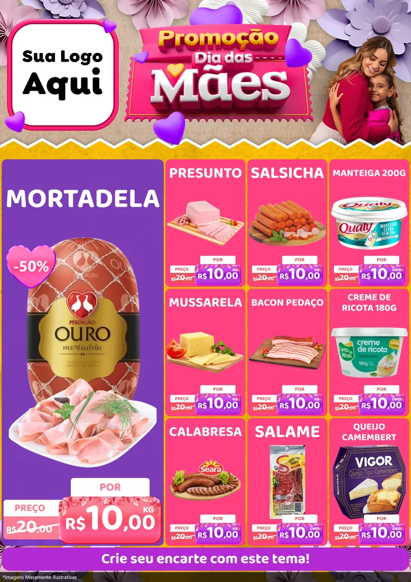 Modelo de Encarte para Encarte A4 Vertical com o tema Promoção Dia das Mães para Frios e Laticínios