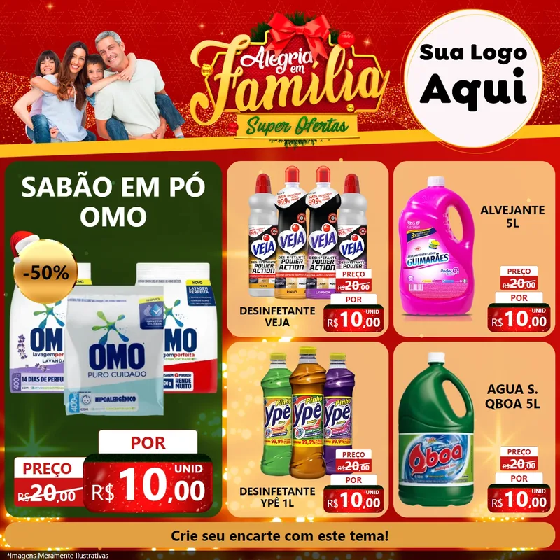 Modelo de Rede Social para Feed Facebook com o tema Alegria em Família Super Ofertas - Natal para Produtos de Limpeza