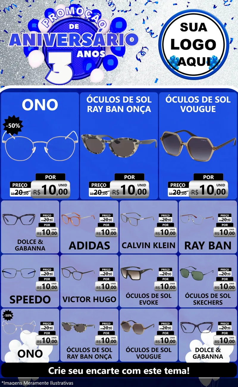 Modelo de Encarte para Encarte Grande com o tema Promoção de Aniversário - 3 Anos para Óticas