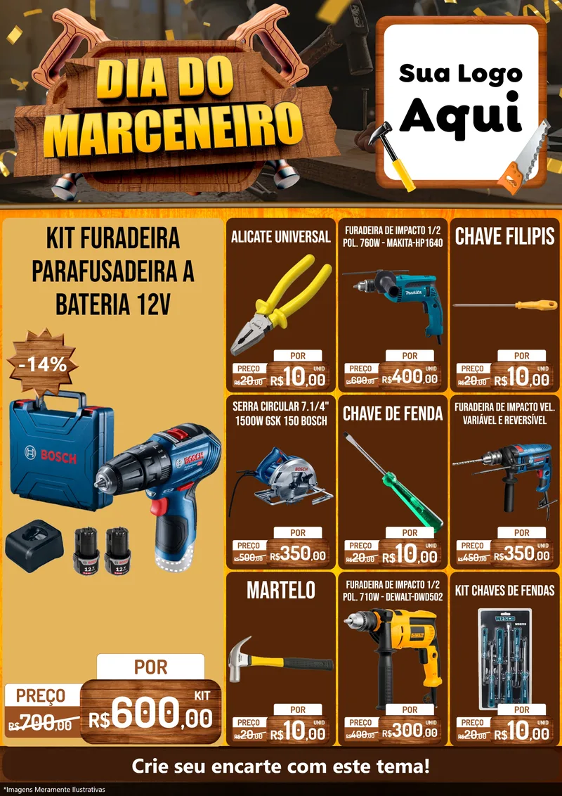 Modelo de Encarte para Encarte A4 Vertical com o tema Dia do Marceneiro para Maquinas e Ferramentas