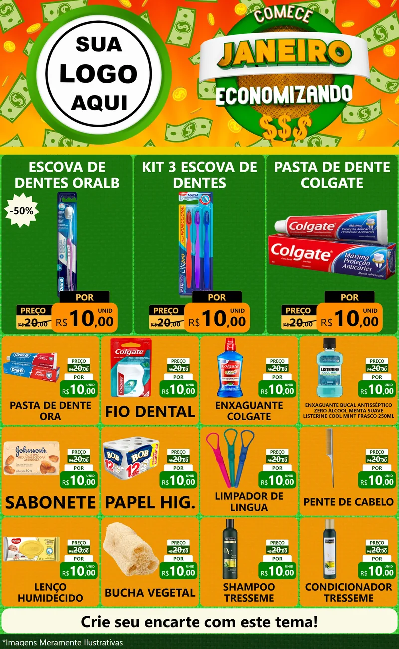 Modelo de Encarte para Encarte Grande com o tema Comece Janeiro Economizando para Higiene Pessoal