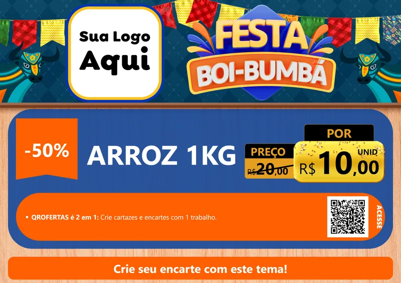 Modelo de Cartaz para Cartaz A4 Horizontal com o tema Festa Boi Bumbá para Supermercado