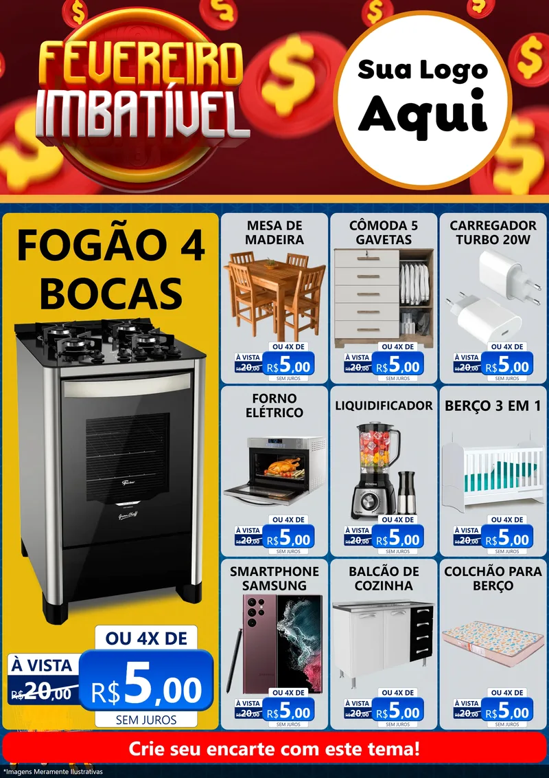 Modelo de Encarte para Encarte A4 Vertical com o tema Fevereiro Imbatível para Móveis e Eletro