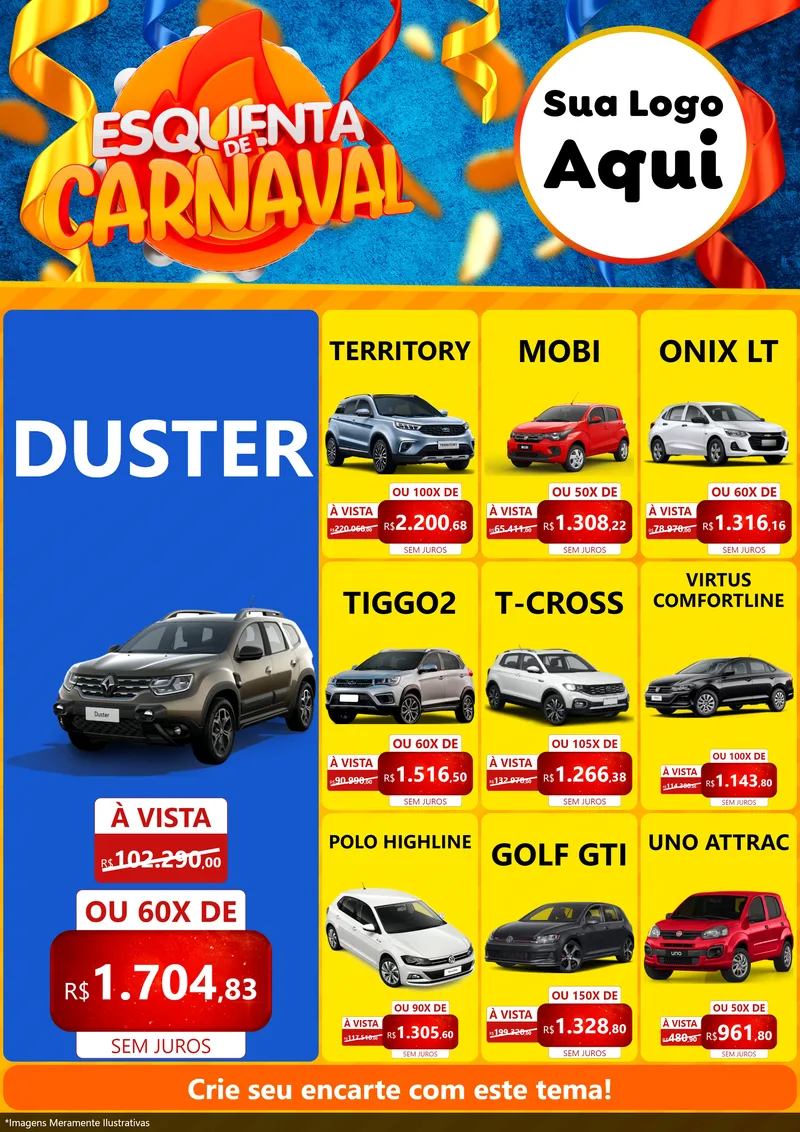 Modelo de Encarte para Encarte A4 Vertical com o tema Esquenta de Carnaval para Concessionaria de Carros