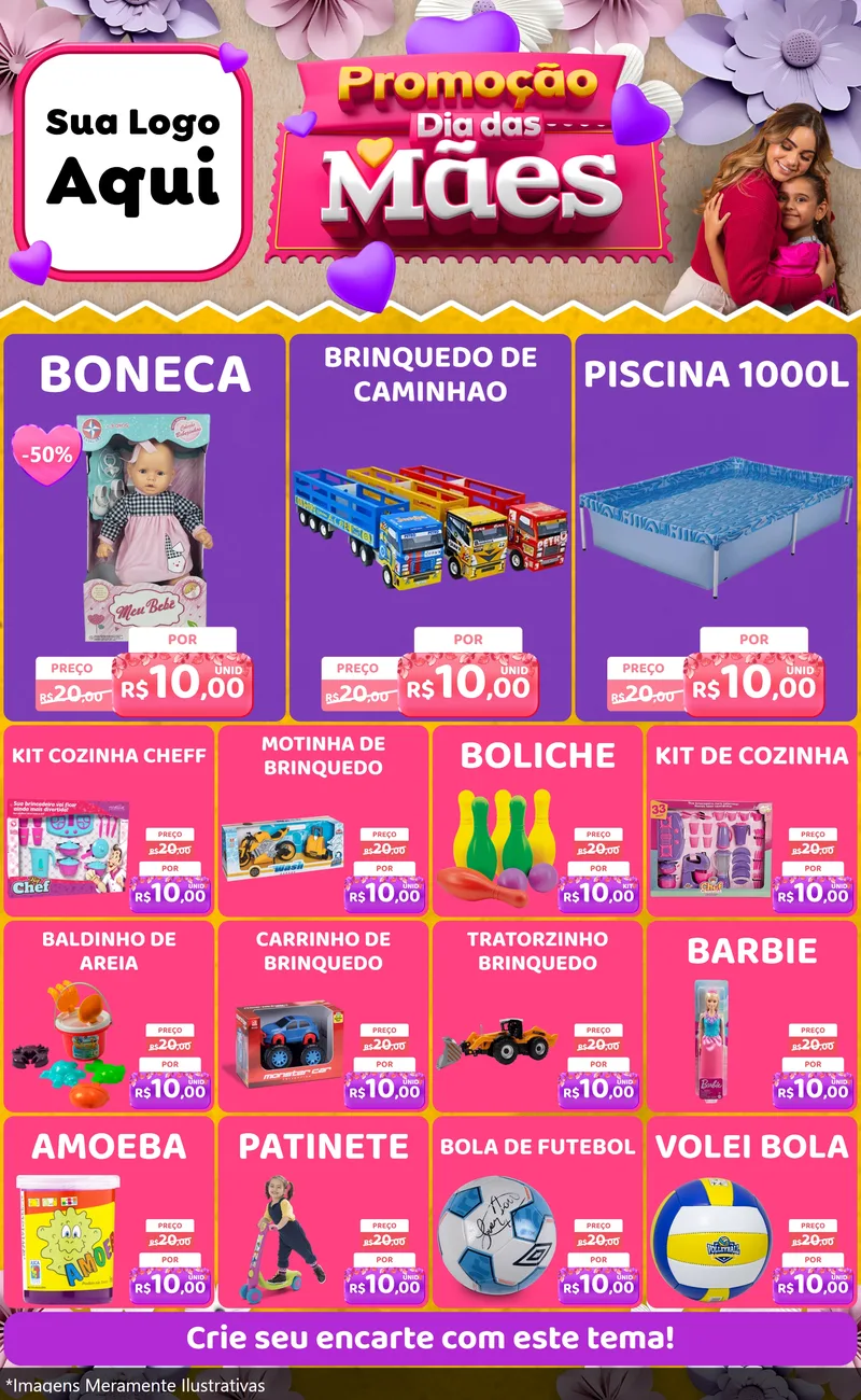Modelo de Encarte para Encarte Grande com o tema Promoção Dia das Mães para Brinquedos