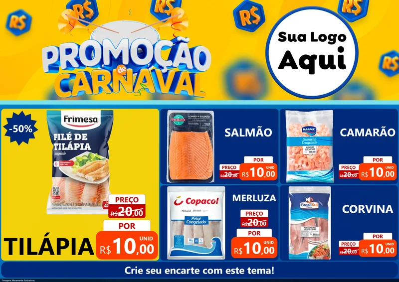 Modelo de Encarte para Encarte A4 Horizontal com o tema Promoção de Carnaval para Peixaria
