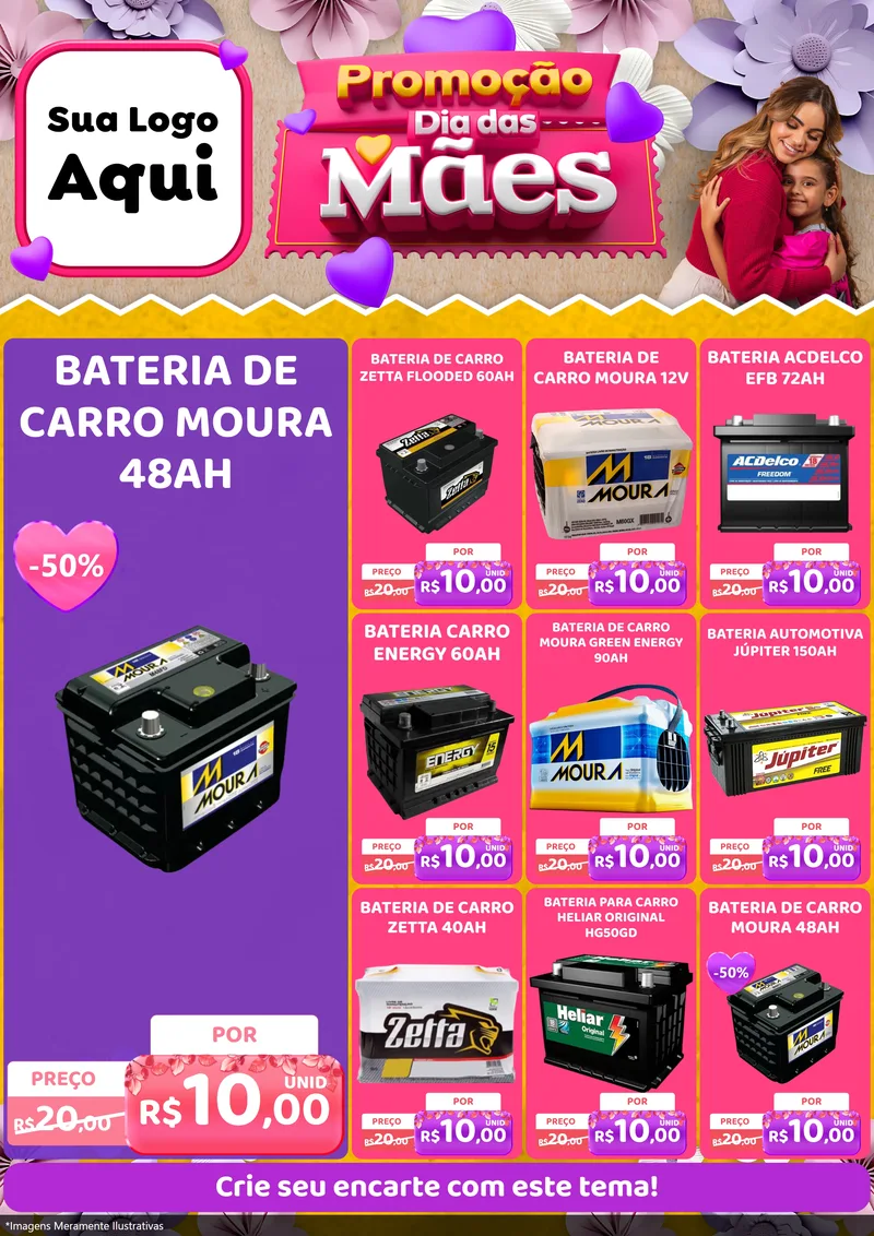 Modelo de Encarte para Encarte A4 Vertical com o tema Promoção Dia das Mães para Baterias Elétricas