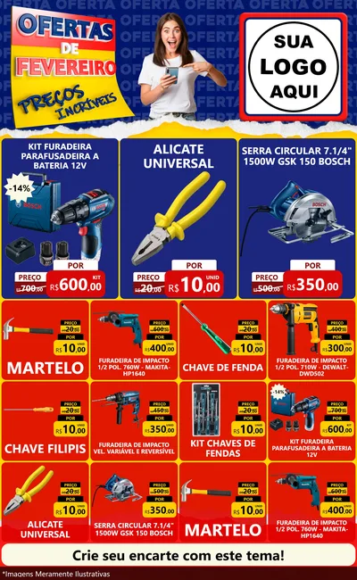 Modelo de Encarte para Encarte Grande com o tema Ofertas de Fevereiro - Preços Incríveis para Maquinas e Ferramentas