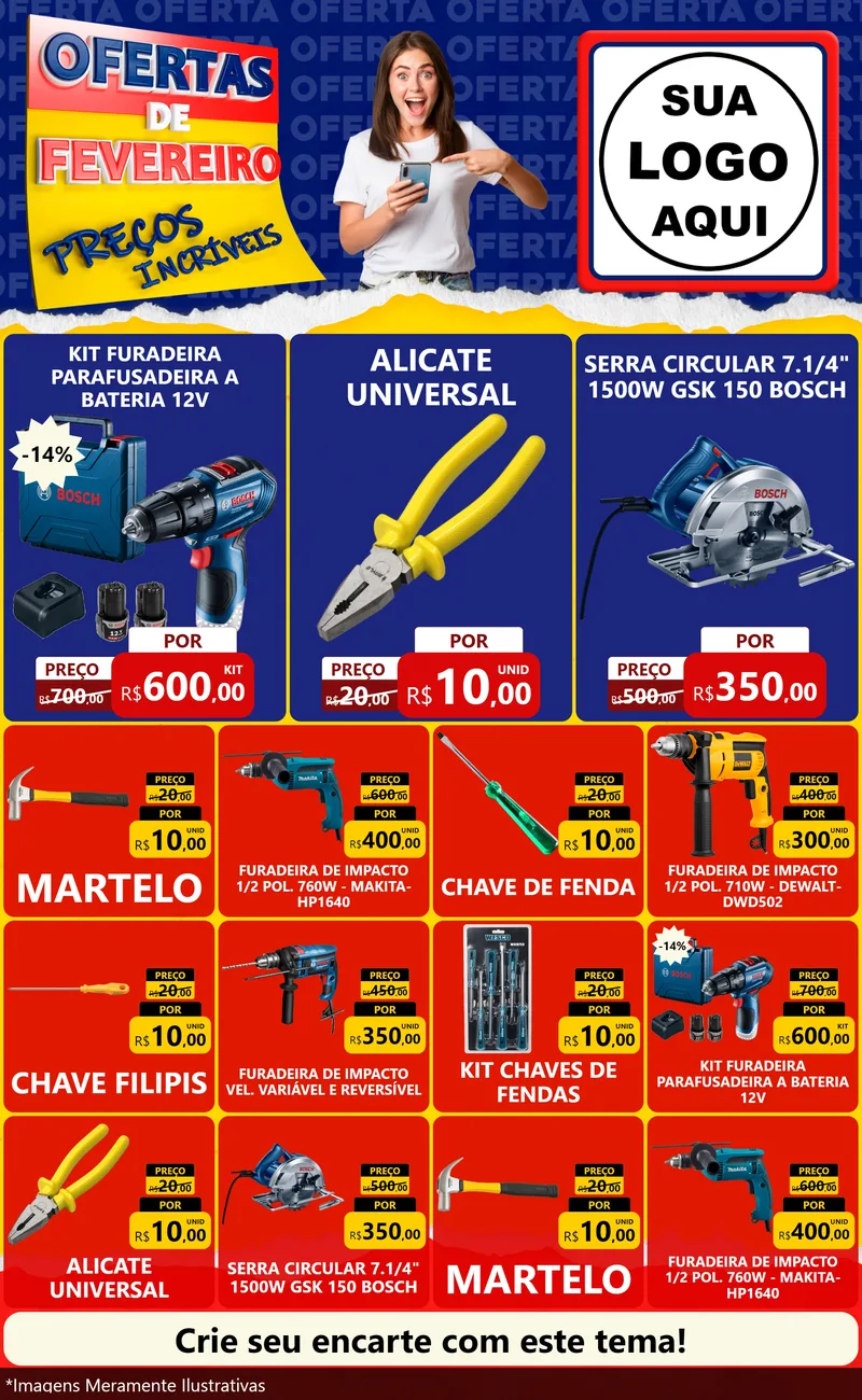 Modelo de Encarte para Encarte Grande com o tema Ofertas de Fevereiro - Preços Incríveis para Maquinas e Ferramentas