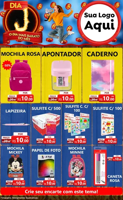 Modelo de Encarte para Encarte Grande com o tema Dia J - O Dia Mais Barato Do Mês para Papelaria