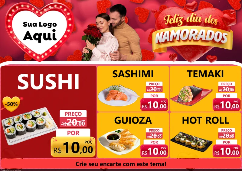 Modelo de Encarte para Encarte A4 Horizontal com o tema Feliz Dia Dos Namorados para Comida japonesa