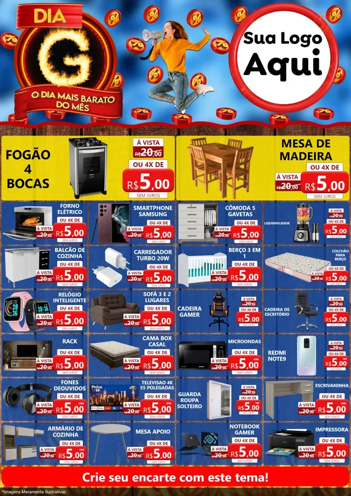 Modelo de Encarte para Encarte A4 Vertical com o tema Dia G - O Dia Mais Barato Do Mês para Móveis e Eletro