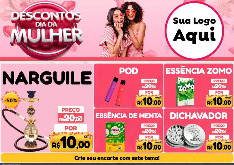 Modelo de Encarte para Encarte A4 Horizontal com o tema Descontos Dia da Mulher para Tabacaria