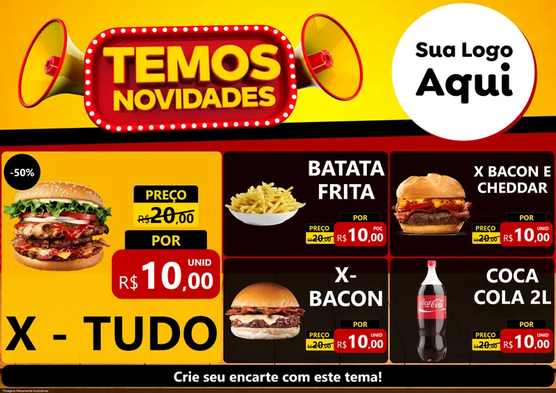 Modelo de Encarte para Encarte A4 Horizontal com o tema Temos Novidades para Hamburgueria