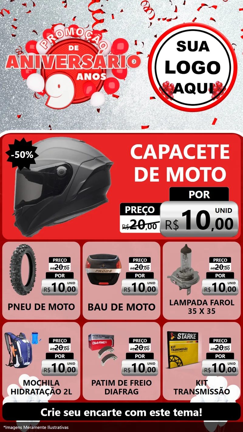 Modelo de Rede Social para Stories com o tema Promoção de Aniversário - 9 Anos para Moto peças