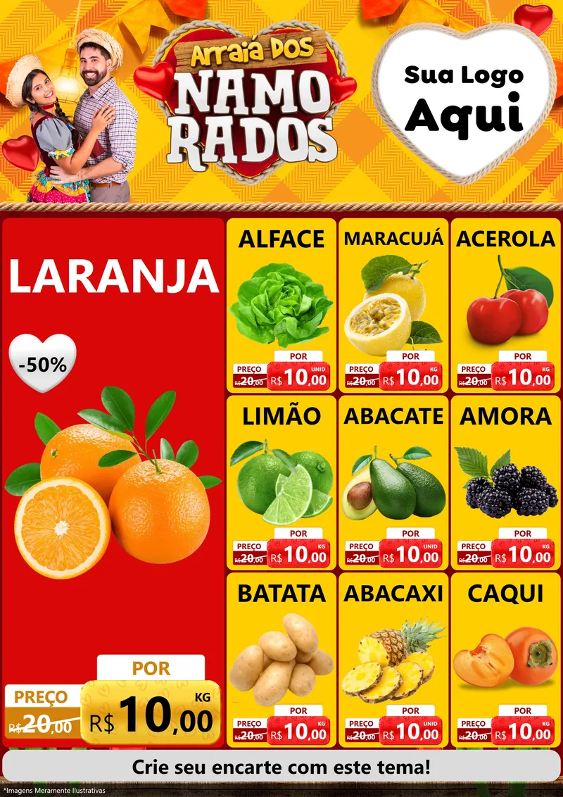 Modelo de Encarte para Encarte A4 Vertical com o tema Arraiá dos Namorados para Hortifrúti